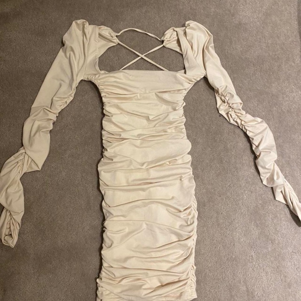 Oh Polly Cream Long Sleeve Ruched Dress
